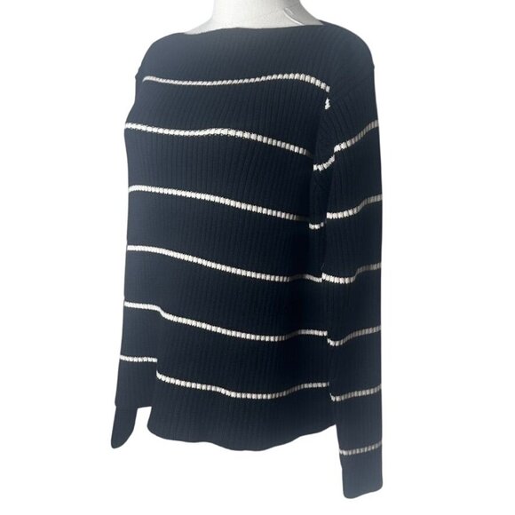 Luxury Silk Wool Blend Stripe Black White Sweater Womens L Classic Career Soft - Picture 1 of 7